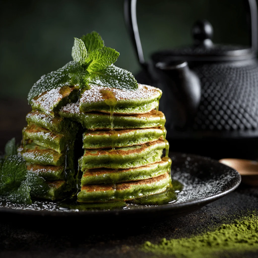 Stack of fluffy matcha pancakes topped with fresh mint leaves and a dusting of green tea powder, served on a white plate.