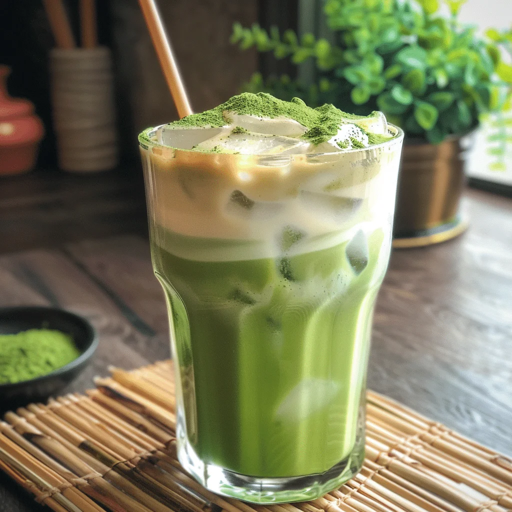 Iced coconut matcha latte surrounded by ingredients like matcha powder, coconut milk, and maple syrup