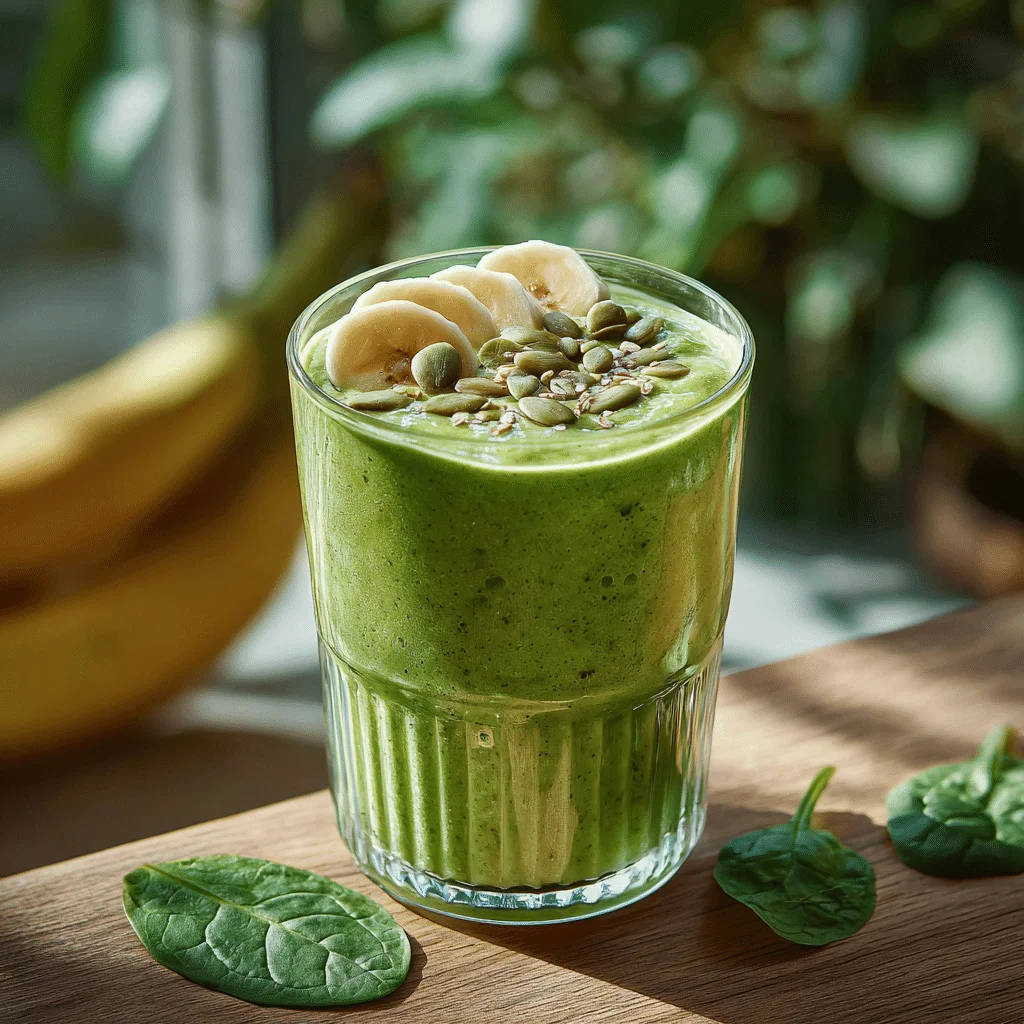 Iron rich green smoothie topped with banana slices and pumpkin seeds, served in a clear glass with spinach leaves on a wooden surface.