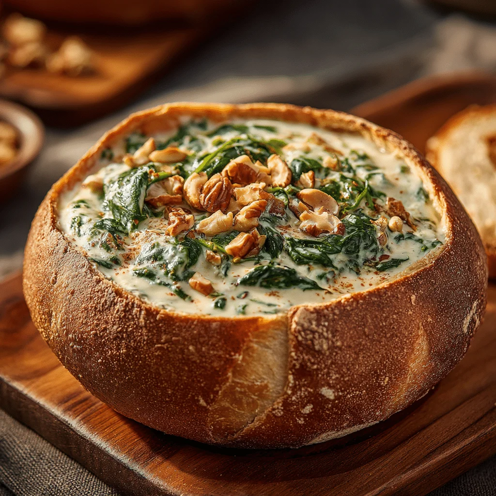 Knorr Spinach Dip Recipe – The Best Creamy, Easy & Iron-Rich Appetizer 1 knorr spinach dip recipe in bread bowl with vegetable sticks and crackers