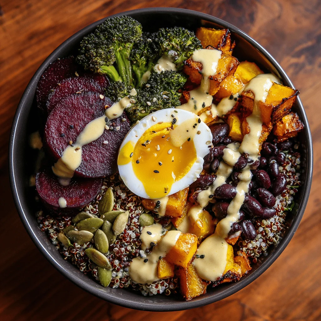 iron-rich quinoa breakfast bowl with roasted vegetables and tahini