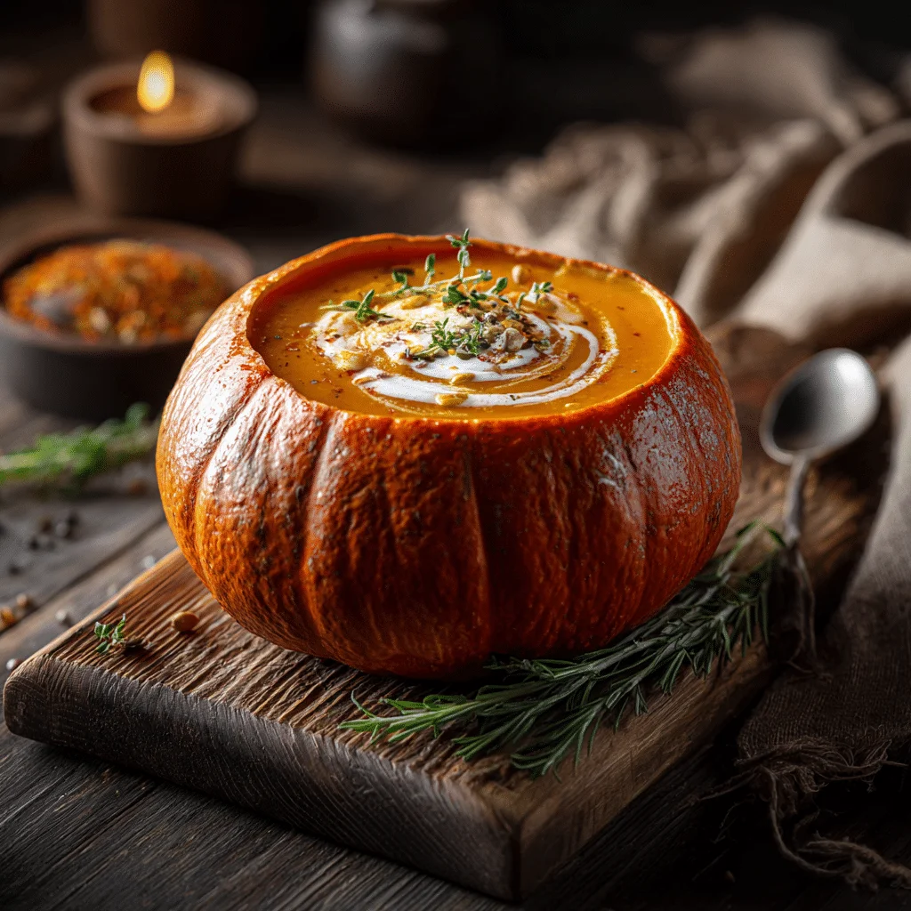 A natural, realistic kitchen scene showing pumpkin soup in a pumpkin on a wooden board, surrounded by simple fall decor.
