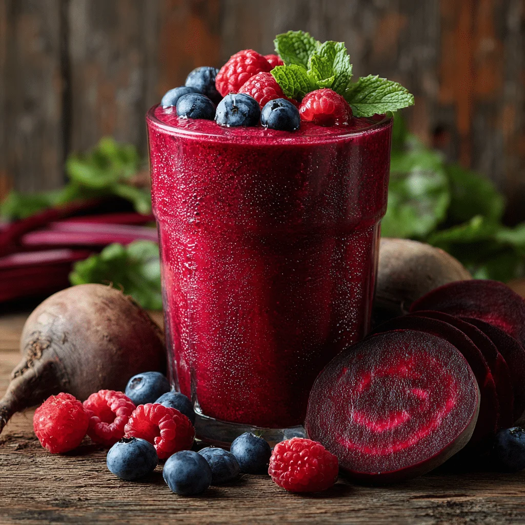 Energizing beet and berry iron-rich smoothie 2 A vibrant magenta beet and berry iron-rich smoothie in a clear glass, topped with fresh berries and mint, surrounded by sliced beets, bananas, and blueberries on a rustic wooden table.