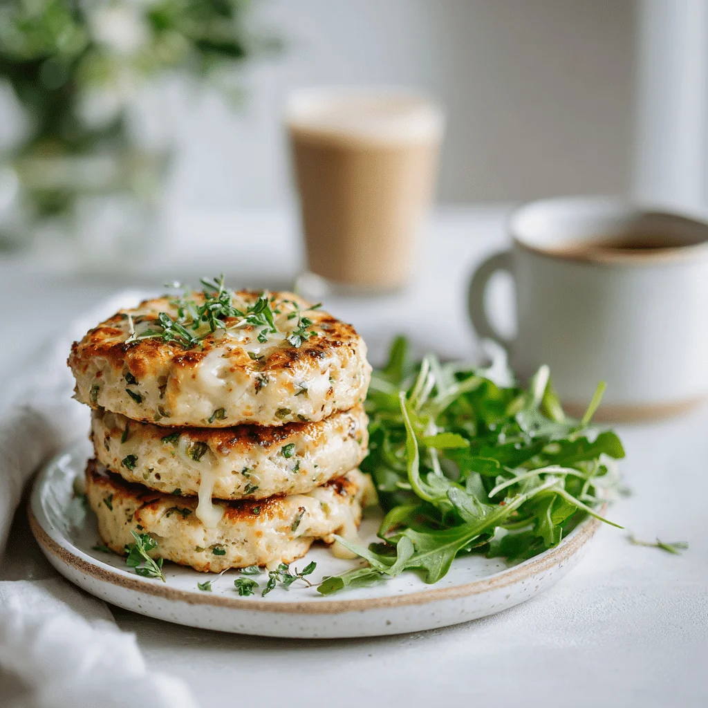 Stack of protein biscuits topped with herbs, served with salad and smoothie.
