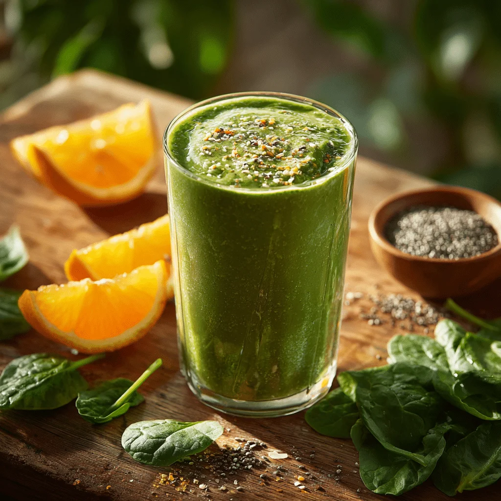A hyper‑realistic image of a high iron smoothie made with spinach, banana, and orange juice, surrounded by fresh fruit and leaves on a bright kitchen counter.