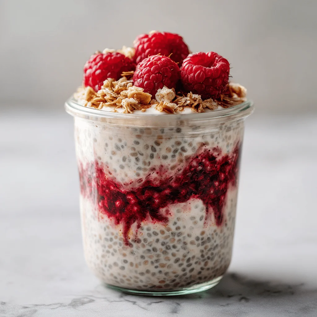 Raspberry chia pudding layered in a glass jar with yogurt, fresh raspberries, and granola on a bright marble counter.