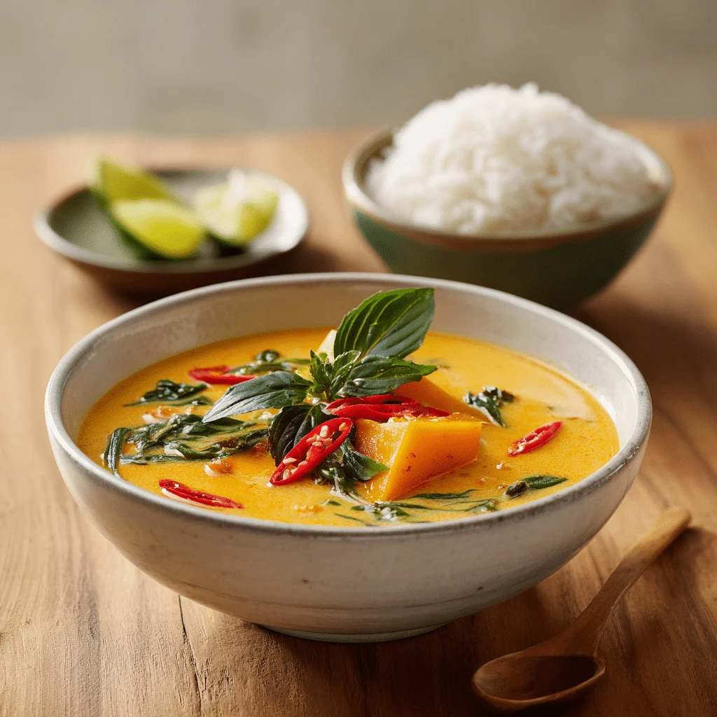 Creamy Thai pumpkin curry in a bowl garnished with fresh Thai basil and sliced chilies