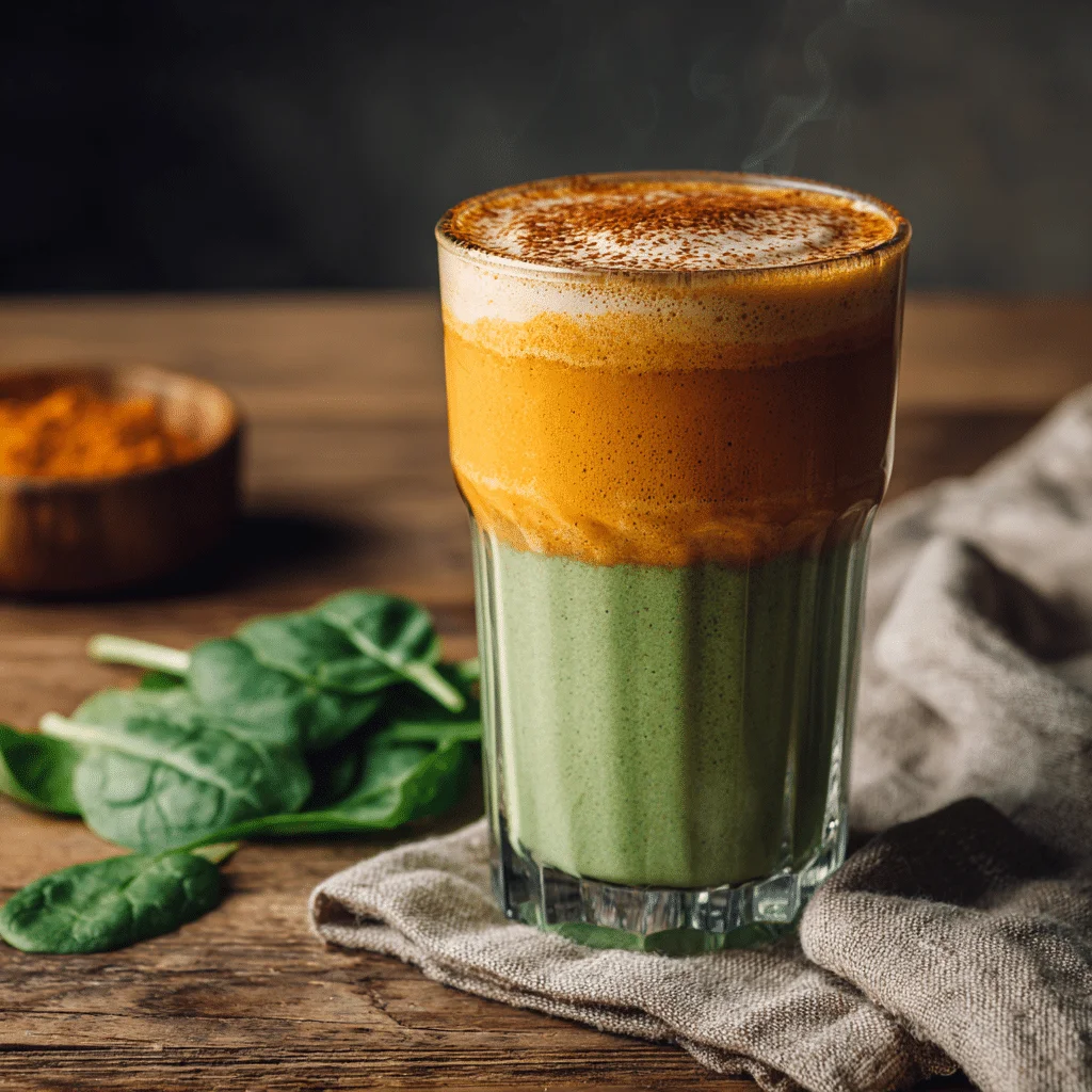 Vibrant Pumpkin-Spinach Iron Latte Smoothie 1 Side view of a Pumpkin-Spinach Iron Latte Smoothie in a tall glass with pumpkin spice on top and spinach leaves nearby on a wooden table.