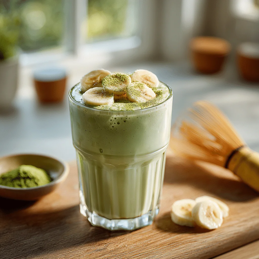 Ultimate Energy Banana Matcha Smoothie 1 Hyper-realistic image of a banana matcha smoothie topped with banana slices and matcha powder on a wooden counter.