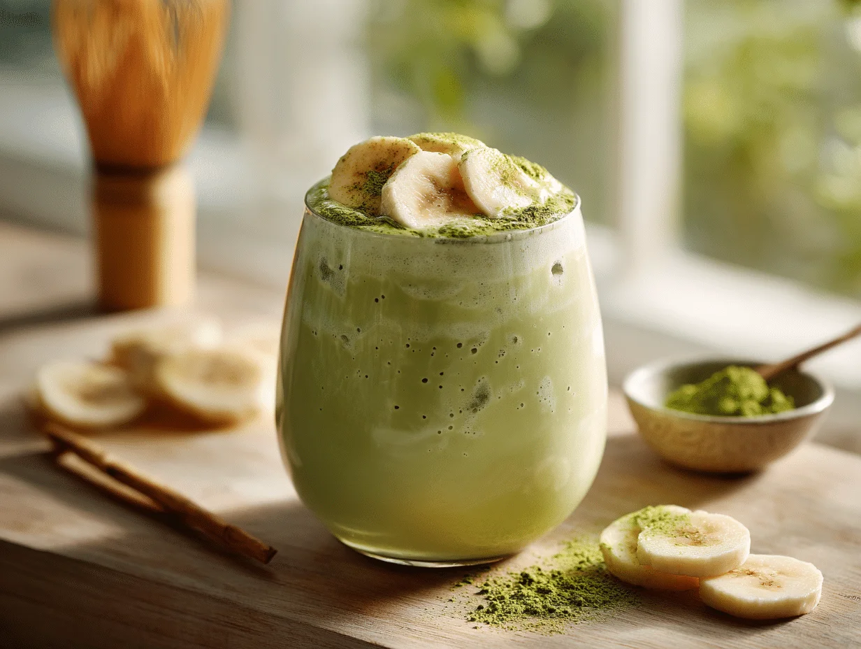 Ultimate Energy Banana Matcha Smoothie 2 Hyper-realistic image of a banana matcha smoothie topped with banana slices and matcha powder on a wooden counter.