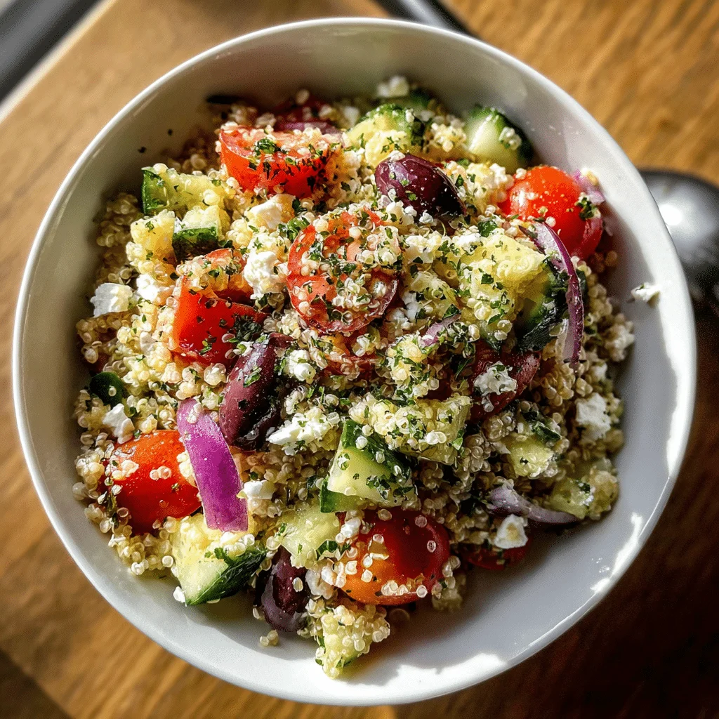 Vibrant Greek Quinoa Salad: Quick & Easy Recipe 1 Mouthwatering Greek quinoa salad with colorful vegetables and feta in a white bowl, drizzled with olive oil and herbs, served fresh.