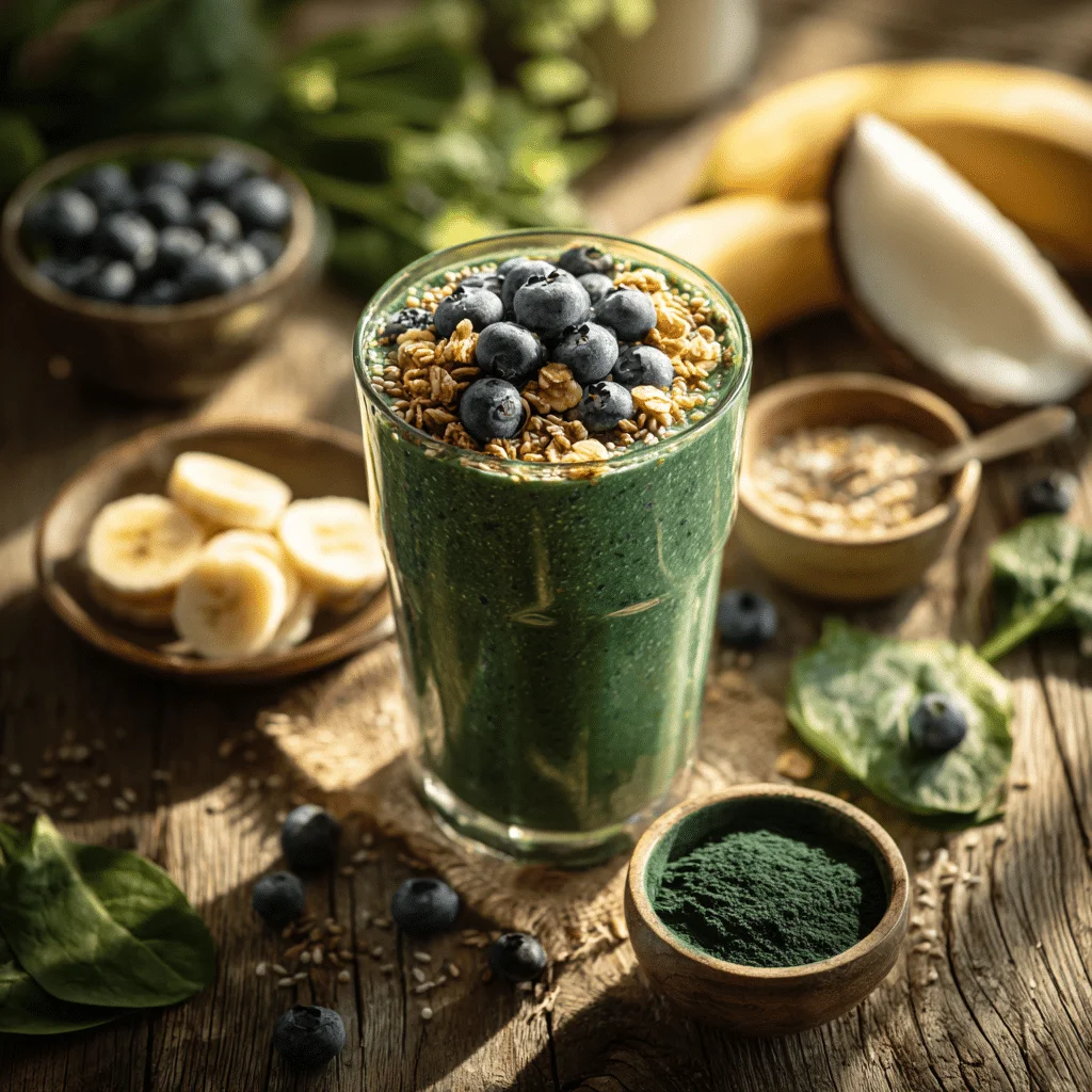 A vibrant easy green iron smoothie with spinach and spirulina, topped with blueberries, granola, and hemp seeds, surrounded by fresh ingredients like banana, coconut milk, and spinach on a rustic kitchen table