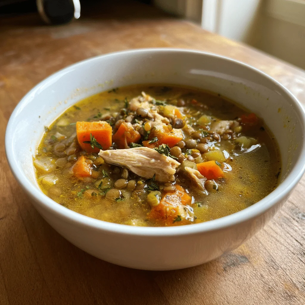 Bowl of chicken lentil soup with shredded chicken, brown lentils, and vegetables in golden broth, topped with fresh parsley