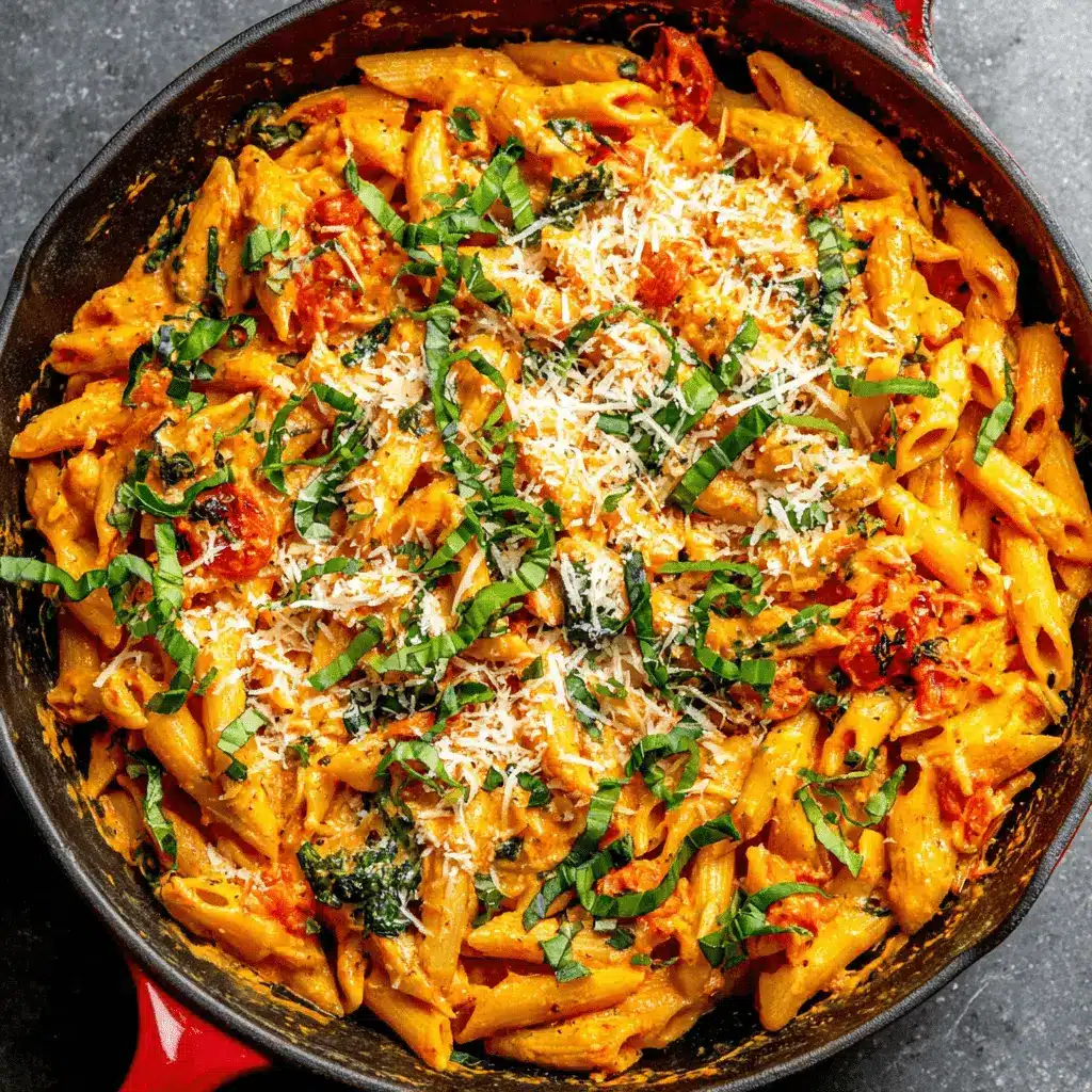 Appetizing penne pasta in a creamy tomato sauce with fresh basil and grated cheese, served in a cast iron skillet, inspiring delicious creamy pasta recipes.