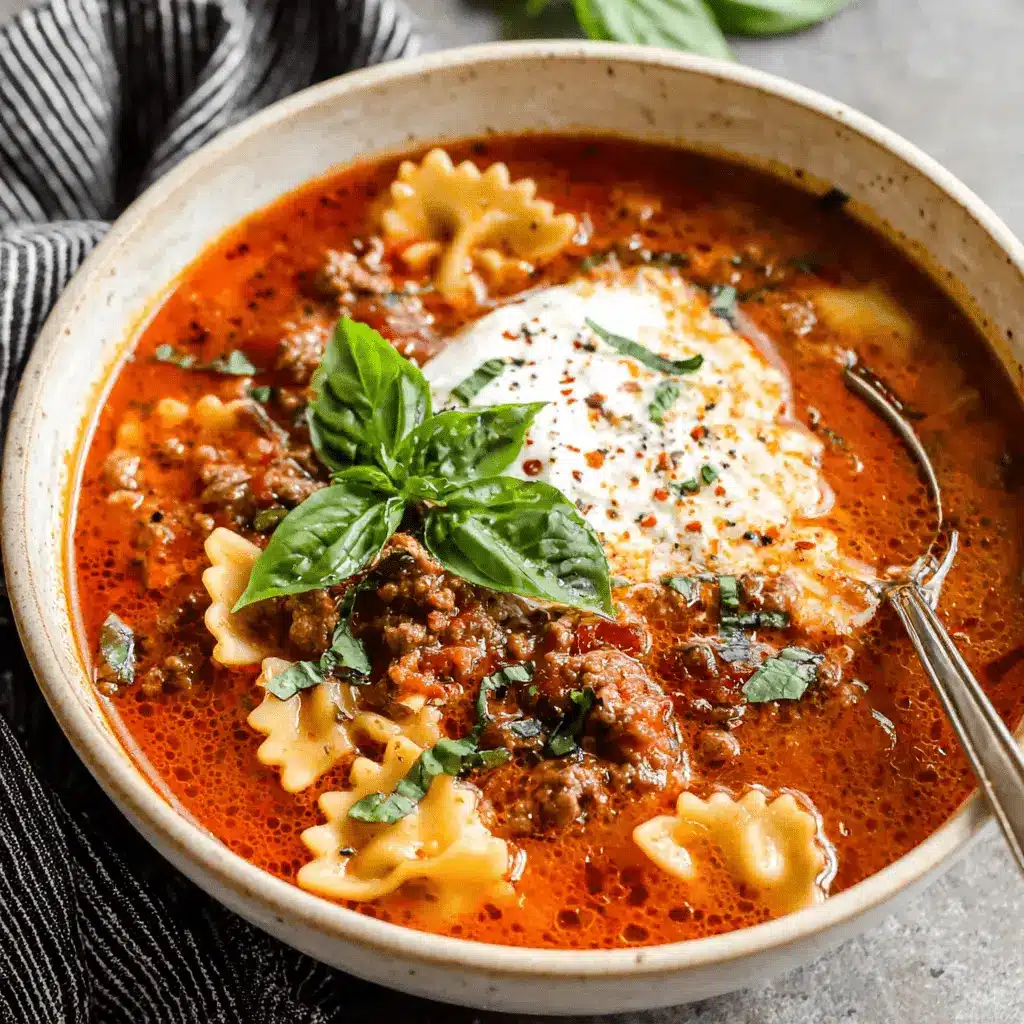 Quick & Easy One-Pot Lasagna Soup Recipe 1 Close-up of a rustic bowl of hearty lasagna soup, topped with creamy ricotta, fresh basil, and a spoon, ready to serve.