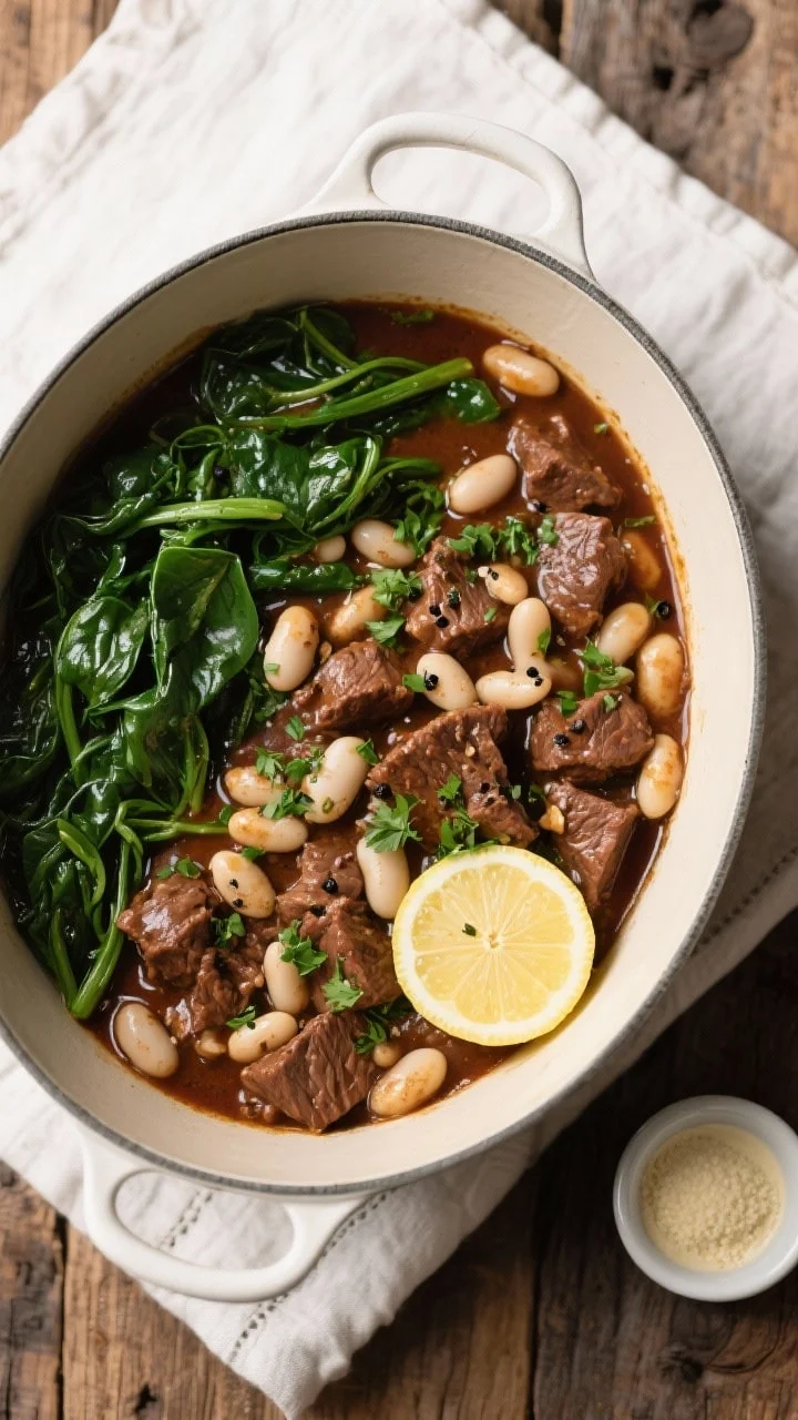 Tasty top view: Overhead shot of Slow Cooker Beef Tips with White Beans and Spinach in a wide, shall