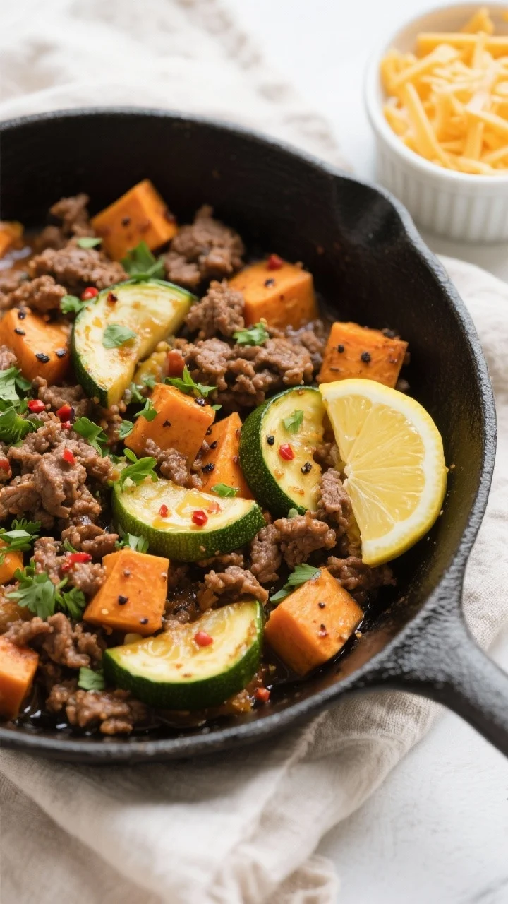 Tasty top view: Overhead shot of the finished sweet potato and zucchini ground beef skillet—crumbl