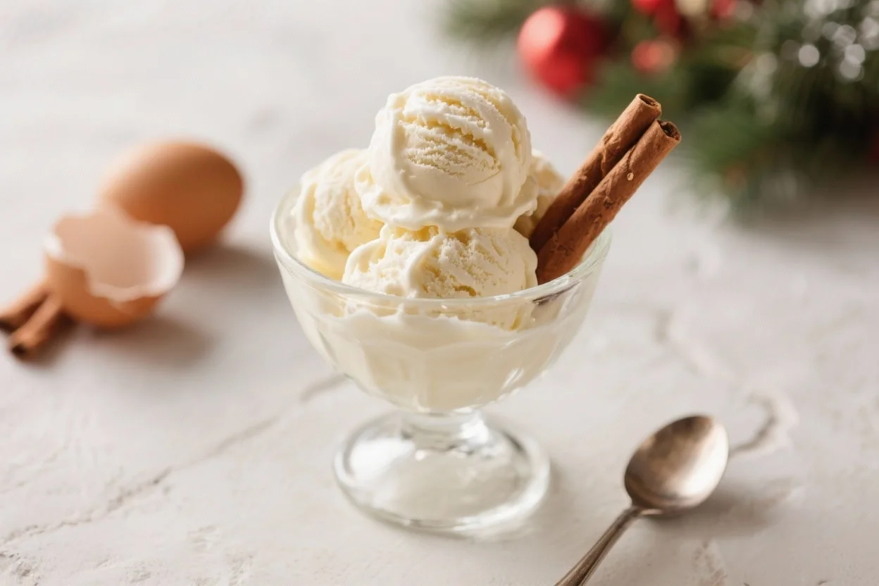 Iron-Fortified Eggnog Ice Cream: Creamy Holiday Dessert 3 A bowl of creamy iron-fortified eggnog ice cream topped with nutmeg.