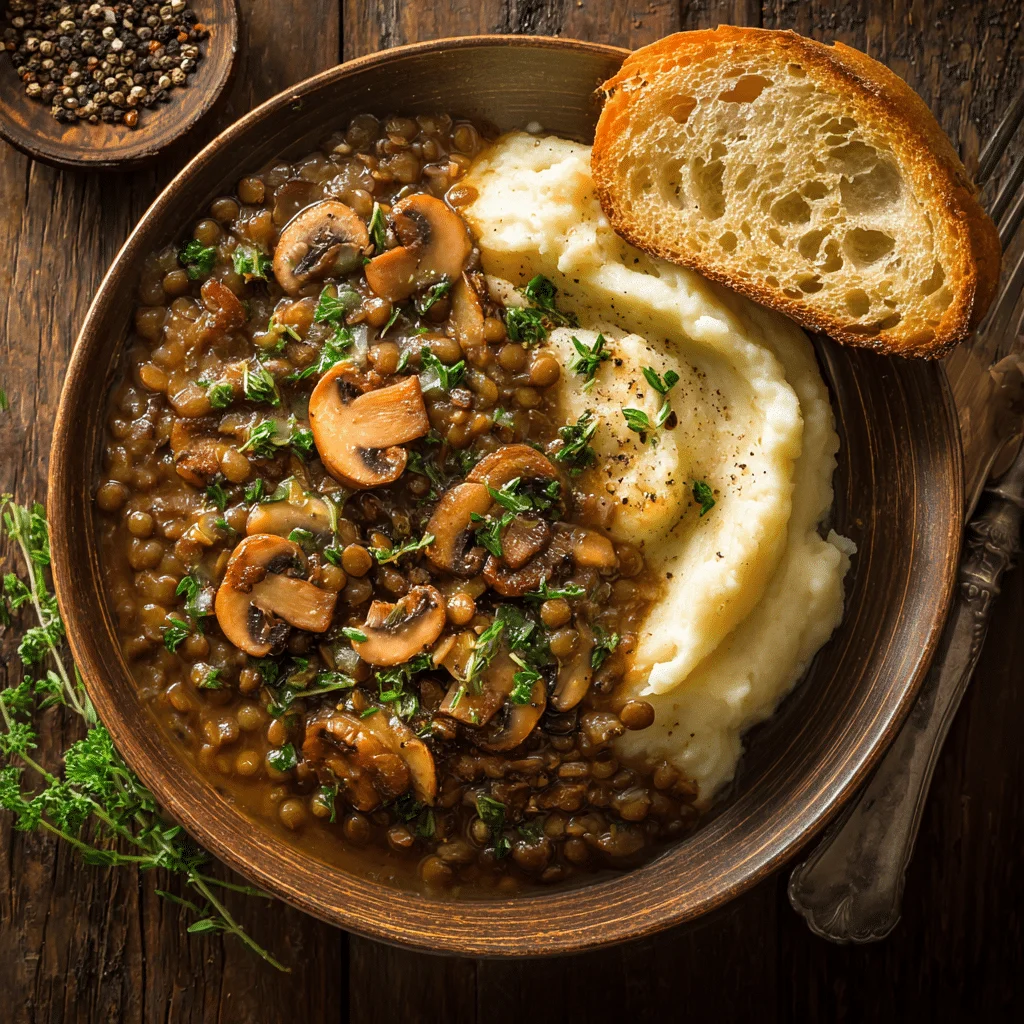 Ultimate Lentil Mushroom Stew: Hearty & Flavorful One-Pot Meal 2 Close-up of lentil mushroom stew with mushrooms, herbs, and mashed potatoes, served hot with a side of sourdough bread.