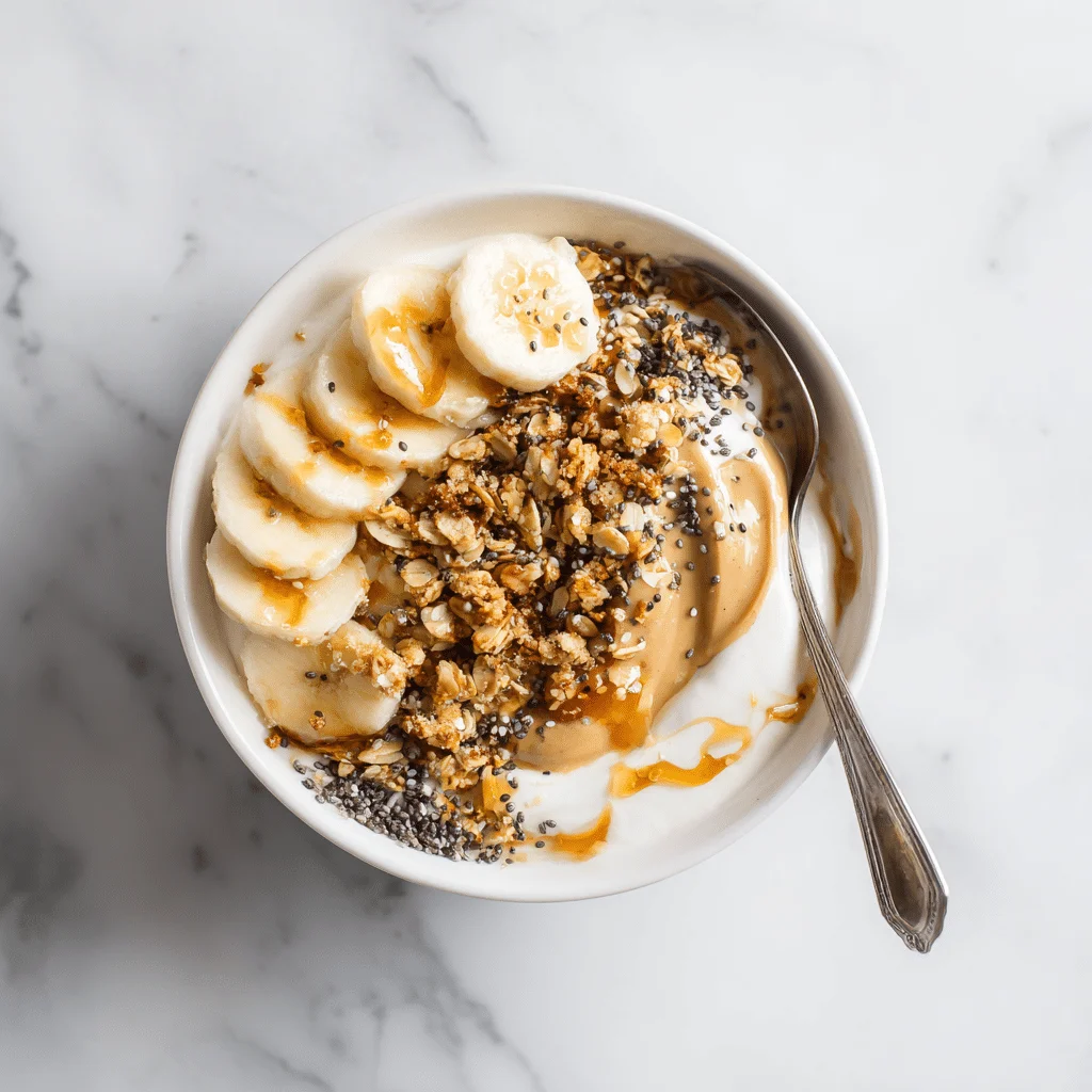 Simple Greek Yogurt and Peanut Butter Snack 2 xGreek yogurt and peanut butter snack with banana slices, honey drizzle, and chia seeds in a white bowl on a marble background.