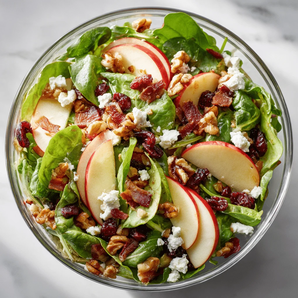 Quick & Easy Salad with Apples and Walnuts 2 "Bright and fresh salad with mixed arugula and baby spinach greens, thin slices of red and green apples, chopped walnuts, crumbled feta, dried cranberries, and crispy bacon pieces, tossed in a light vinaigrette, styled in a glass bowl with natural sunlight"