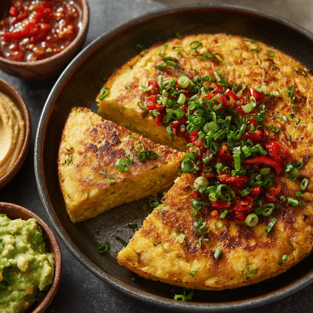 Golden, savory chickpea pancake topped with chopped green onions and red peppers, served on a plate with optional sides like salsa, avocado, and hummus.​