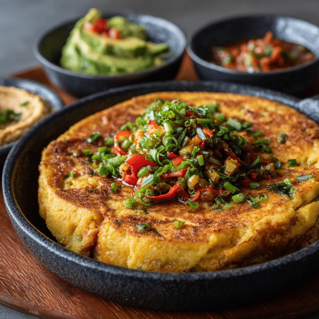 Golden, savory chickpea pancake topped with chopped green onions and red peppers, served on a plate with optional sides like salsa, avocado, and hummus.​