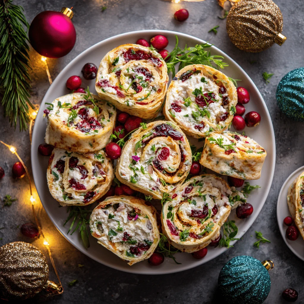 Quick & Easy Festive Christmas Cranberry Roll Ups 2 Festive Christmas cranberry roll ups appetizer made with cream cheese, feta cheese, dried cranberries, and green onions, rolled in flour tortillas and sliced into colorful pinwheels on a holiday serving platter. Perfect easy Christmas finger food.