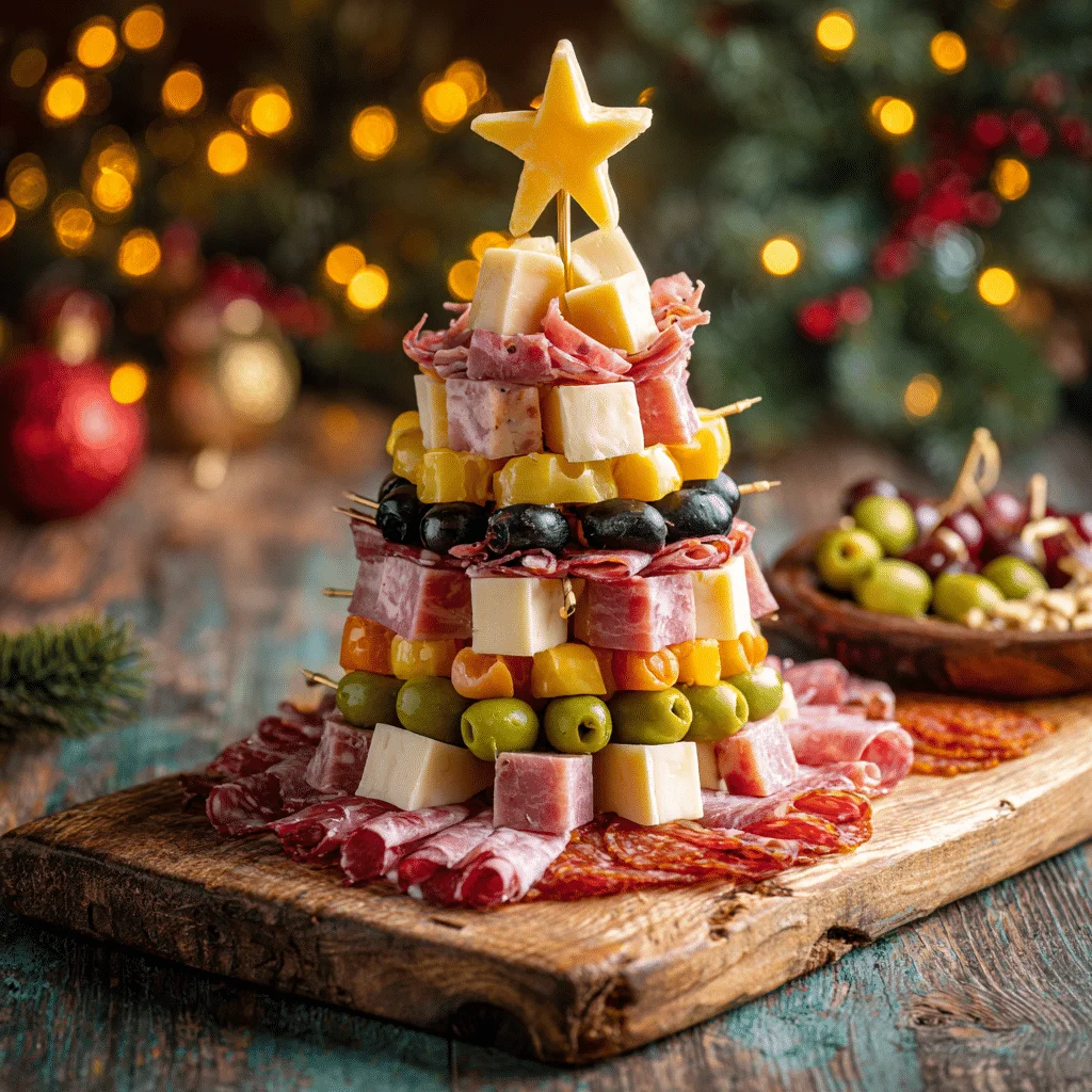 Dazzling Christmas Tree Shaped Charcuterie 2 Christmas tree shaped charcuterie board decorated with colorful cubes of cheese, smoked beef bacon, green and black olives, toothpicks securing each ingredient to a cone base and topped with a star-shaped piece of cheese. Edible charcuterie tree centerpiece perfect for holiday parties and festive gatherings.