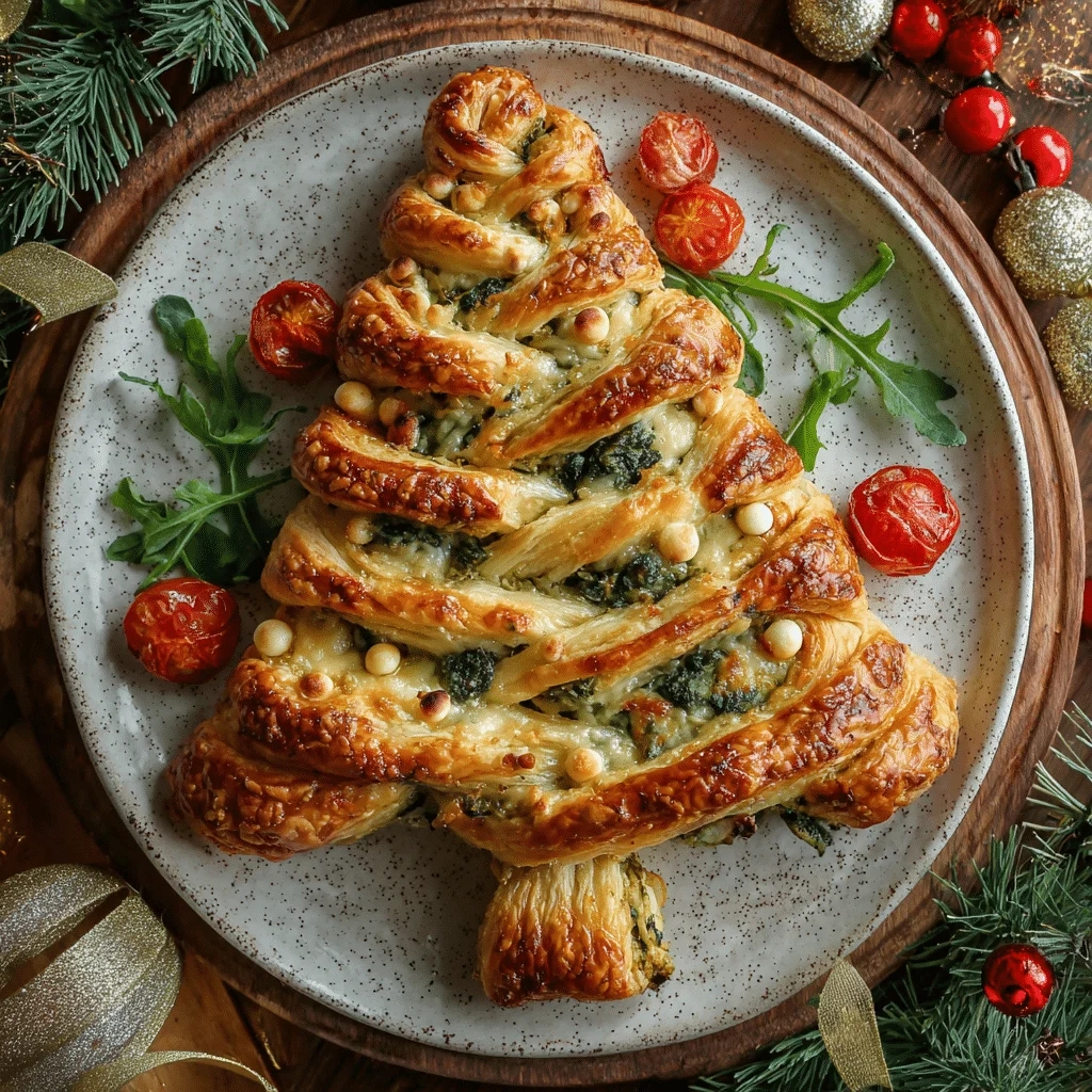 Spectacular Basil Pesto Cheesy Puff Pastry Christmas Tree 2 Christmas tree shaped puff pastry filled with basil pesto and melted cheese, served golden brown on a wooden board, garnished with fresh basil, holiday ornaments, and twinkling lights. Perfect festive appetizer for holiday gatherings.