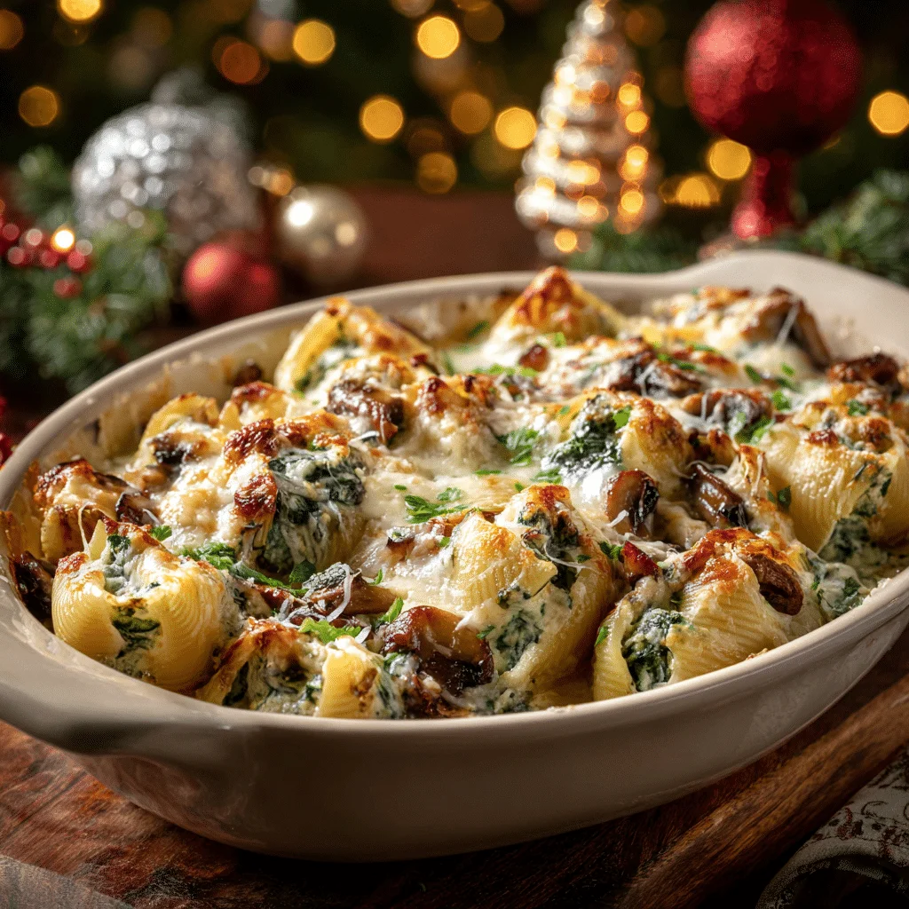 Amazing Festive Christmas Stuffed Pasta 2 Baking dish with jumbo pasta shells stuffed with creamy ricotta, spinach, mushrooms, and provolone cheese, topped with melted mozzarella and Parmesan, garnished with fresh herbs and holiday decor