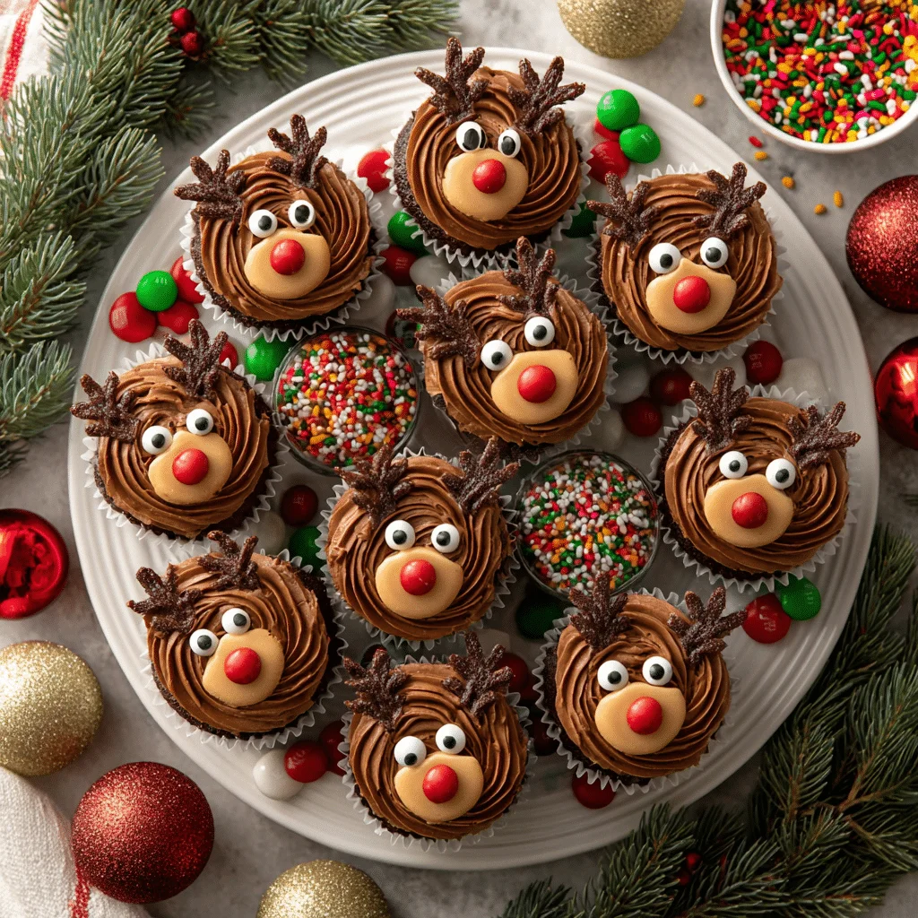 Simple & Festive: Easy Reindeer Cupcakes Recipe 2 Overhead shot of a dozen easy reindeer cupcakes on a festive platter, each cupcake decorated with piped chocolate frosting, M&M antlers and noses, surrounded by holiday sprinkles and Christmas ornaments