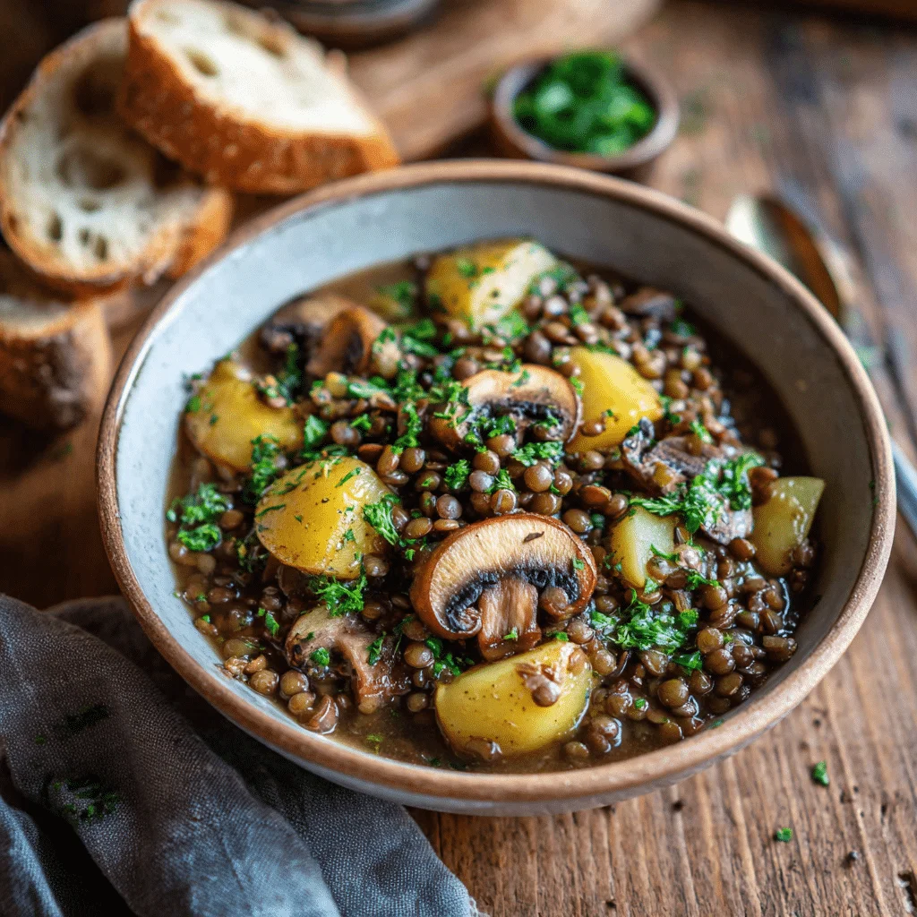 Wonderful Lentil Mushroom Stew: Easy, Hearty & Nutritious 2 Hearty lentil mushroom stew in a rustic bowl, packed with green lentils, cremini mushrooms, potatoes, and fresh herbs, garnished with parsley and served over creamy mashed potatoes. Vegan, iron-rich comfort food