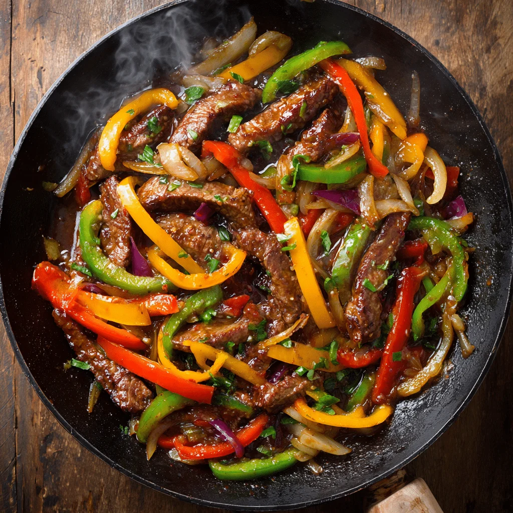 Chinese pepper steak stir-fry with sliced beef, colorful bell peppers, and onions in glossy brown sauce, served in a wok. Classic beef stir-fry recipe