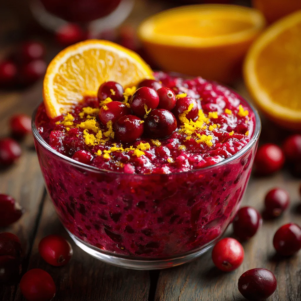 Vibrant tangy cranberry dressing in a glass bowl with fresh burst cranberries, orange zest, and bright red gloss, homemade recipe