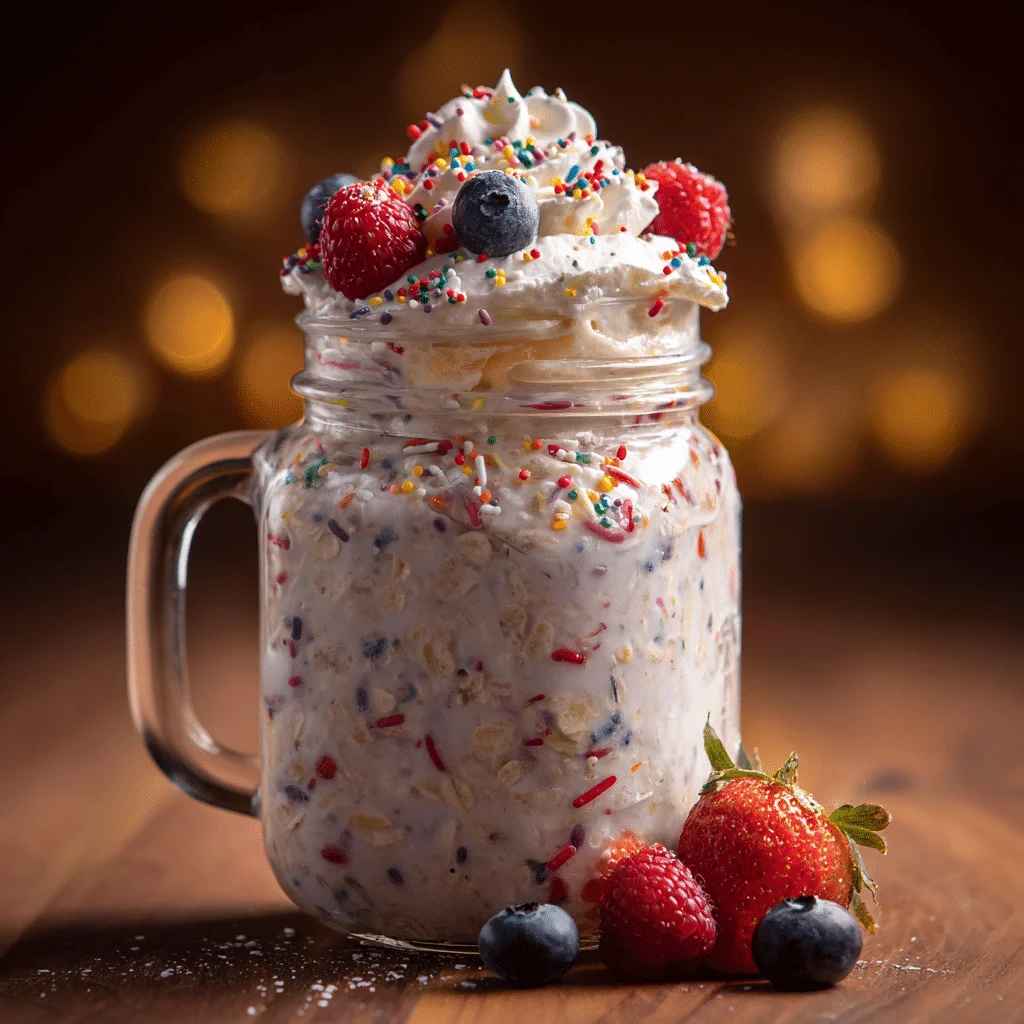 Birthday cake overnight oats in a mason jar, topped with coconut whipped cream, rainbow sprinkles, and fresh berries on a wooden counter in bright morning light