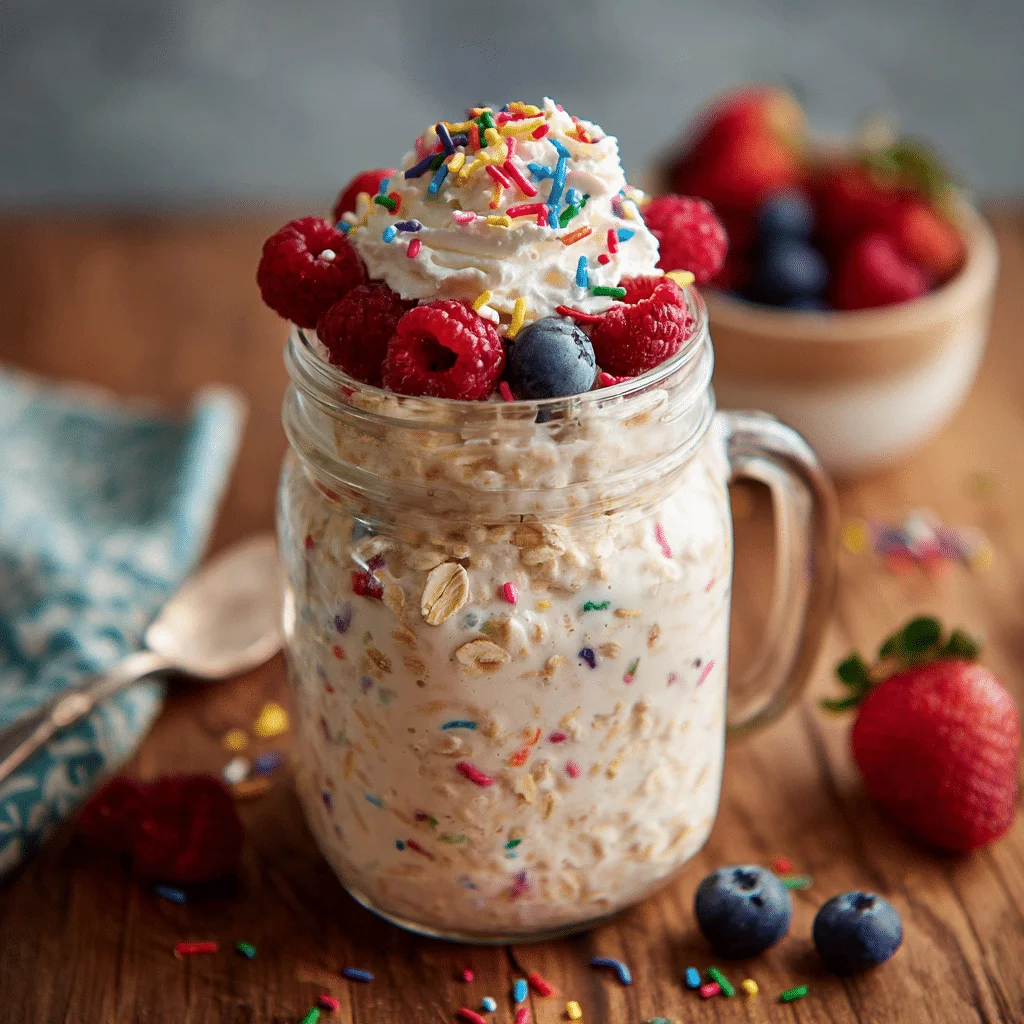 Birthday cake overnight oats in a mason jar, topped with coconut whipped cream, rainbow sprinkles, and fresh berries on a wooden counter in bright morning light