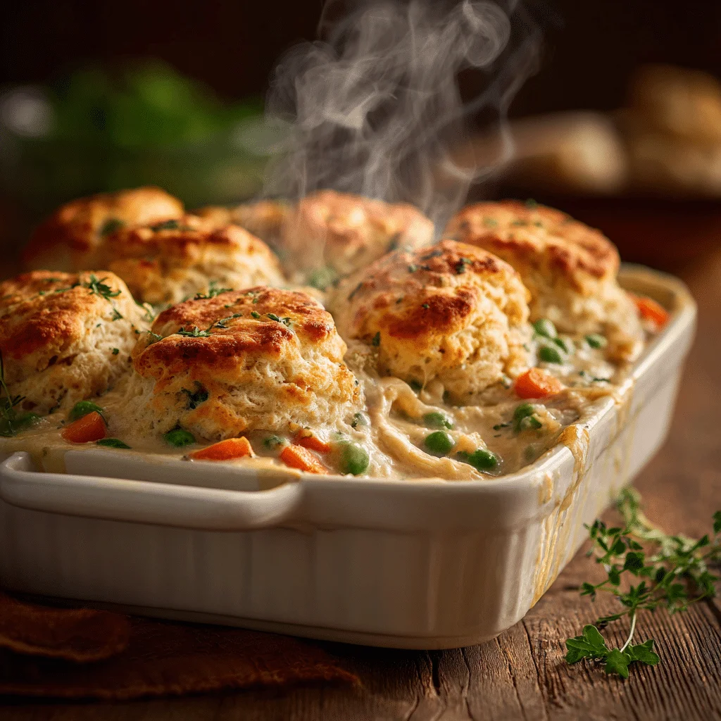Golden-brown chicken and biscuit casserole in a white ceramic baking dish with fluffy Pillsbury biscuits on top, creamy sauce with peas and carrots, fresh parsley garnish, rustic wooden table, steam rising from hot casserole