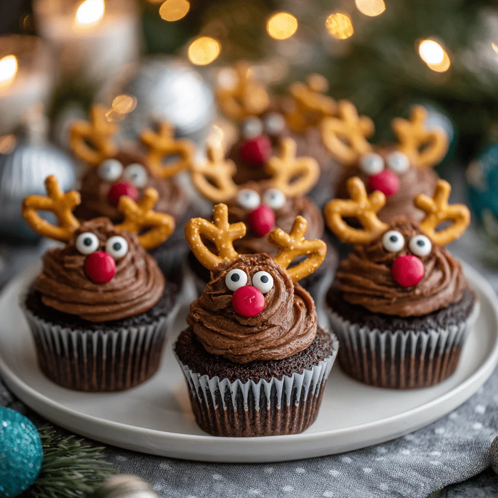 Festive reindeer cupcakes made with chocolate cake, rich chocolate frosting, decorated with pretzel antlers, Nilla wafer faces, candy eyes, and red or brown M&M noses. Fun and easy holiday treats perfect for Christmas parties