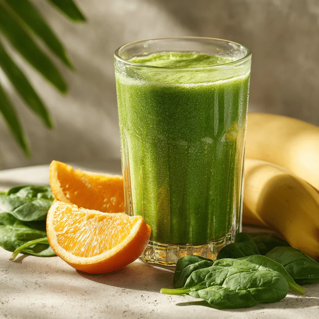 A clear glass filled with a vibrant green iron boosting smoothie garnished with orange slices, surrounded by fresh spinach, banana, chia seeds, and yogurt on a kitchen table