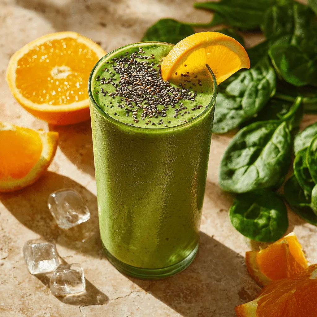 Amazing Iron Green Smoothie in 5 Minutes 2 Bright iron green smoothie in tall glass, topped with chia seeds, next to fresh spinach, banana, tangerine, and orange juice on a white table. Nutritious, energizing, and packed with plant-based iron.