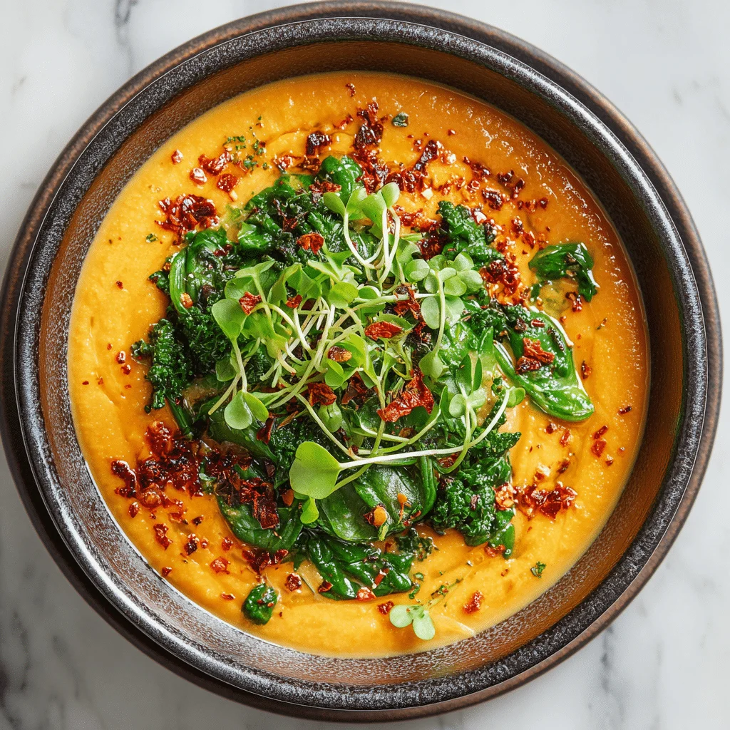 Sensational Spicy Lentils with Spinach 2 A creamy bowl of spicy orange lentils with fresh green spinach, topped with red chili flakes, scattered green onions, and microgreens, served in a rustic ceramic bowl with fresh cilantro and lime wedges on the side