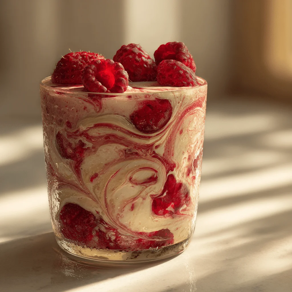 Amazing 5-Minute Mixed Berry Coconut Cream Smoothie 2 A clear glass filled with a creamy mixed berry coconut smoothie, garnished with fresh raspberries and strawberries, placed on a wooden kitchen counter with soft natural light