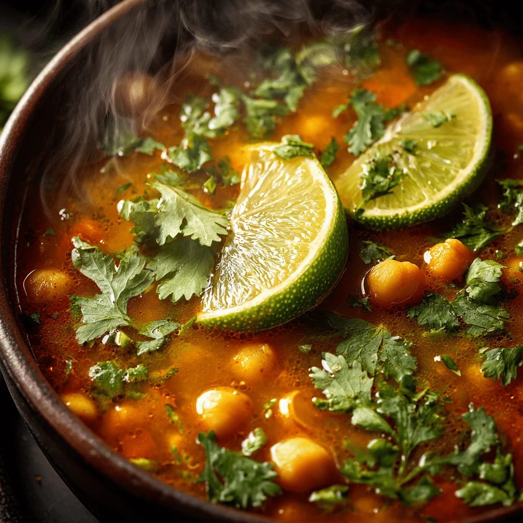 Close-up overhead view of a steaming bowl of vibrant golden-orange Moroccan sweet potato soup with visible chickpeas, fresh green cilantro garnish, and bright lime wedges, shot in hyper-realistic food photography style with professional lighting and shallow depth of field.