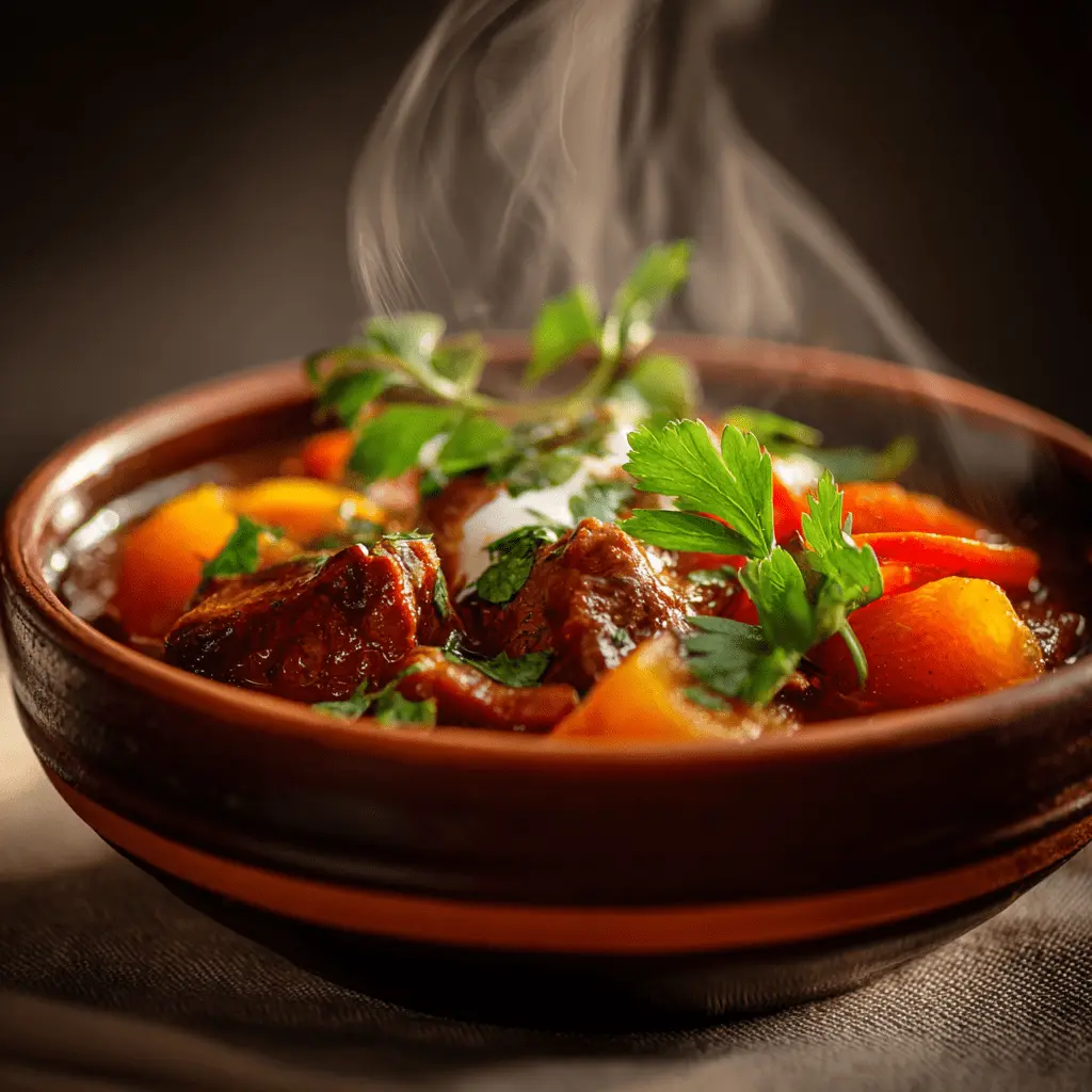 Simple Moroccan Spiced Beef Stew Recipe 2 Close-up of a steaming bowl of moroccan spiced beef stew with tender beef, vegetables, cream, and fresh parsley.