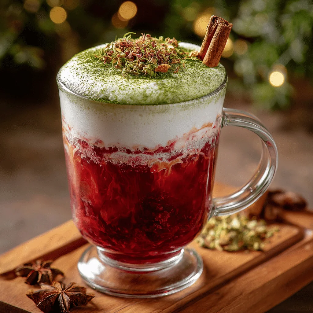 A clear glass mug filled with a vibrant cranberry tea latte, showing layers of frothy matcha and creamy milk, garnished with a cinnamon stick.