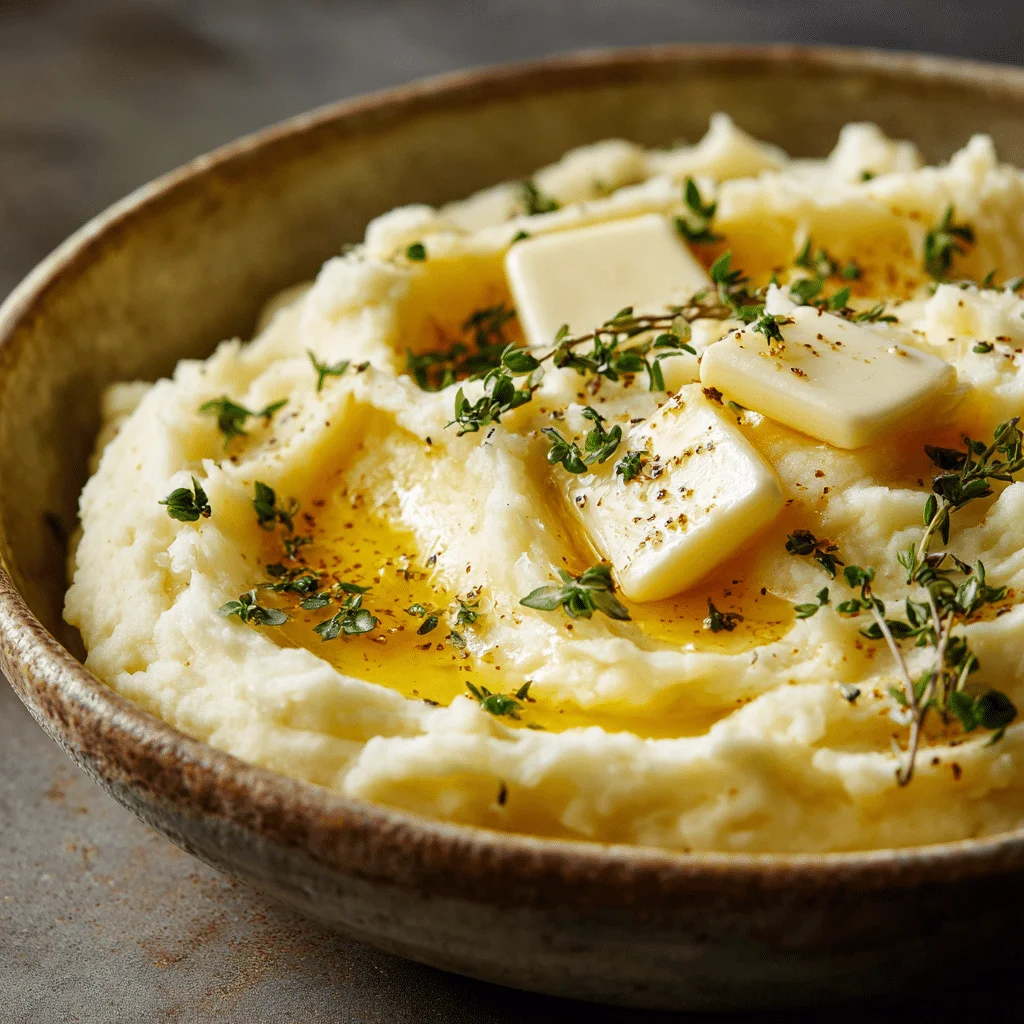 Creamy sour cream mashed potatoes topped with melting butter in a rustic ceramic bowl.