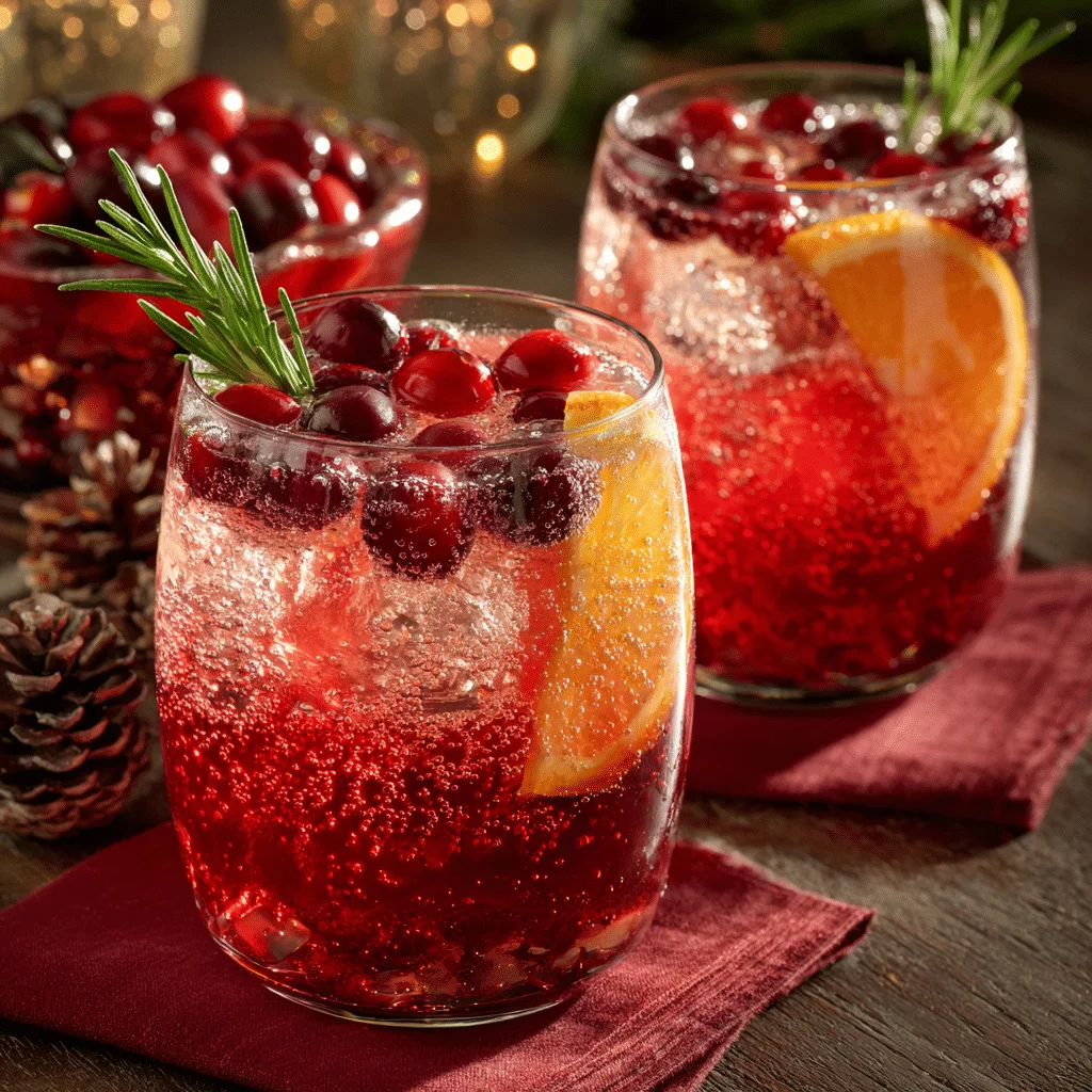 Amazing 10-Minute Holiday Punch Recipe 2 Sparkling holiday punch served in glasses with ice, garnished with rosemary, orange wheels, and cranberries on a rustic table with festive decor.