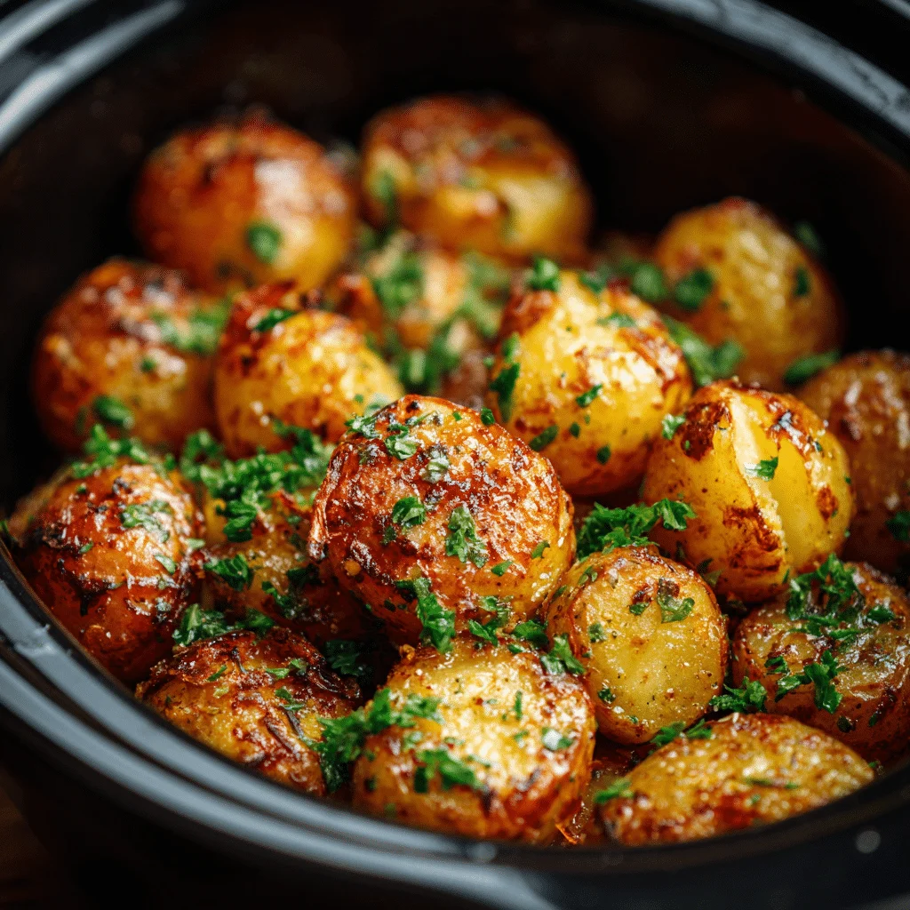 Top view of slow cooker filled with roasted red potatoes with garlic, olive oil, and Italian seasoning