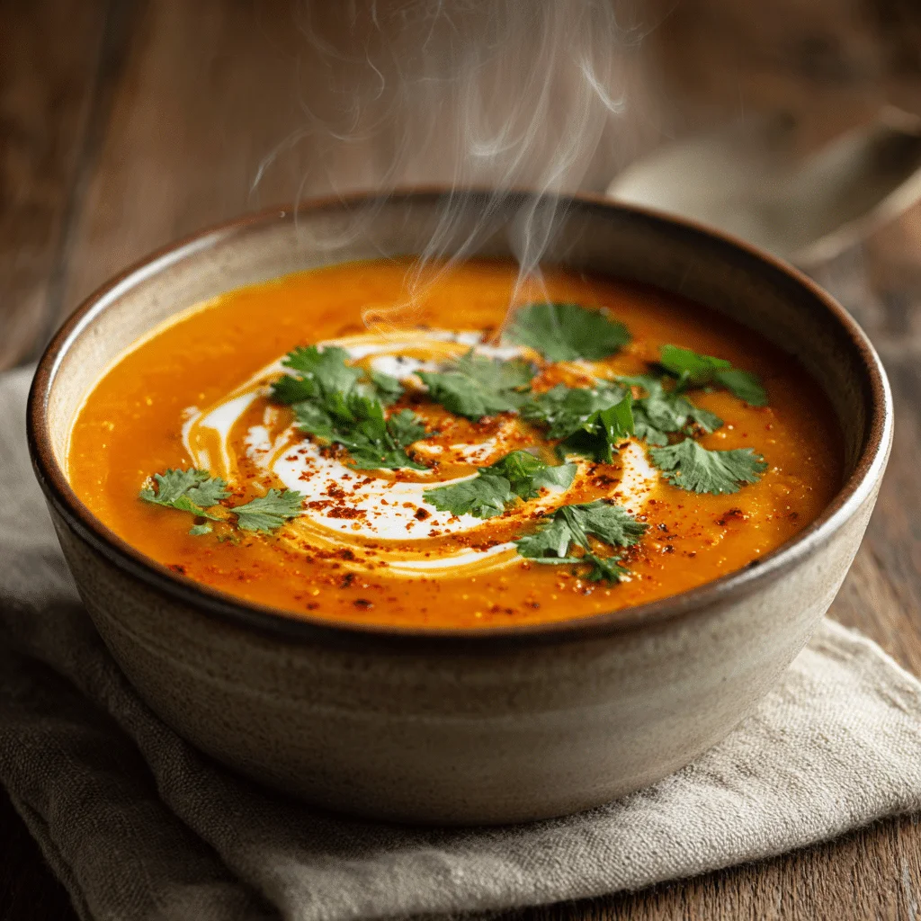 Amazing Carrot Lentil Soup: Quick & Easy Recipe 2 Bowl of creamy carrot lentil soup with yogurt, cilantro, and paprika on a rustic table.